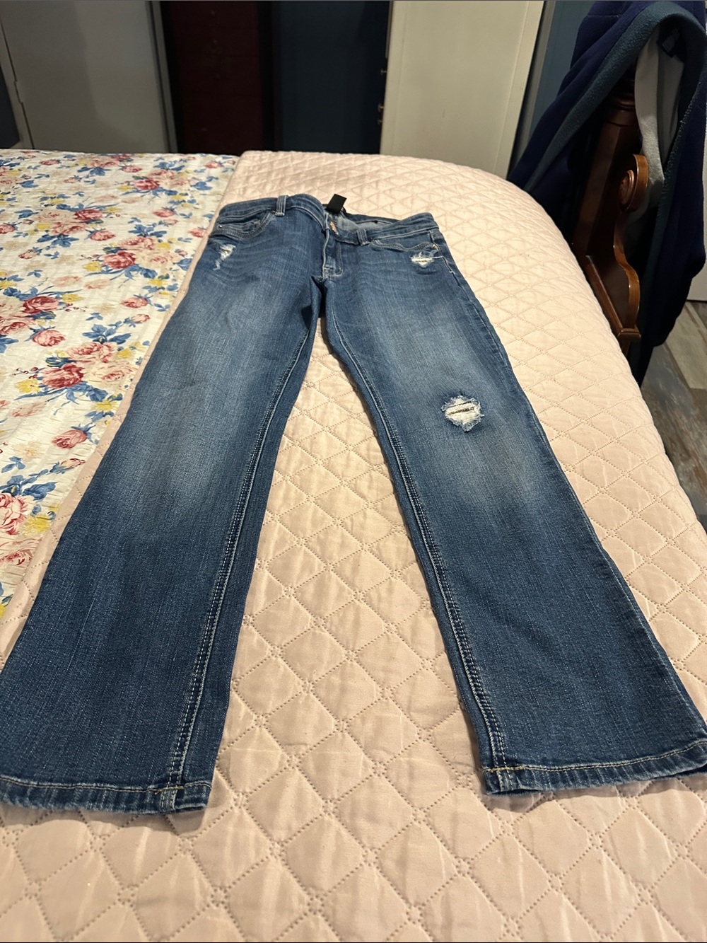 White House Black Market Distressed Blue Straight-Leg Jeans: cropped leg.